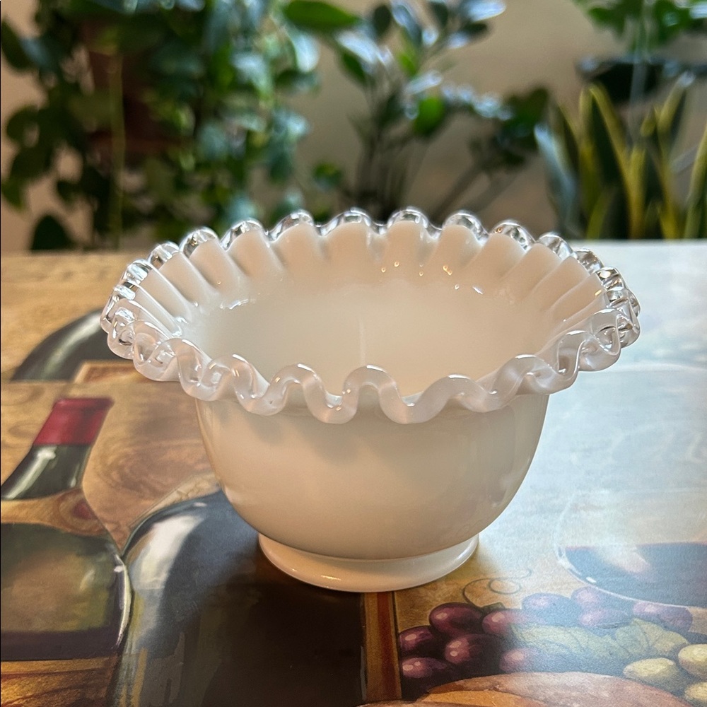 Fenton White Silver Crest Milk Glass Ruffled Bowl